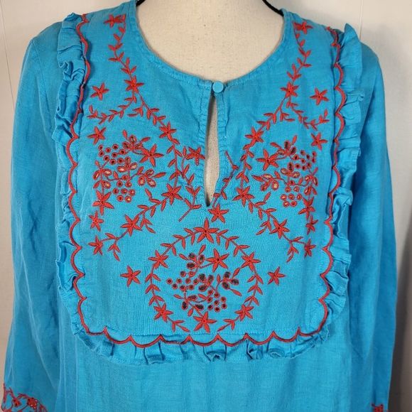 J. CREW Blue Red Floral Embroidered Linen Pesant Tunic Size Medium NWT - Picture 3 of 5